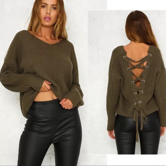 Sweaters - Green LightweightLace Up Back Sweater